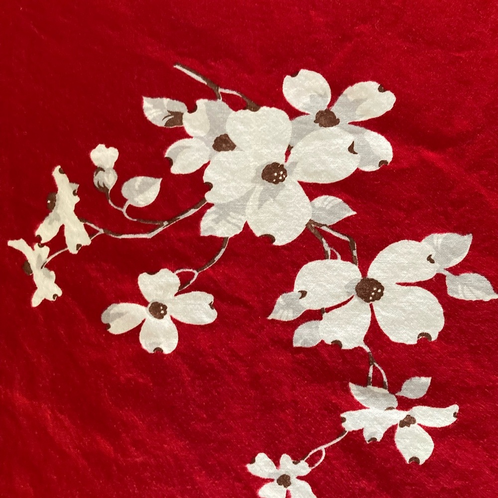 Vintage True Deep Red Tablecloth With Dogwood Floral Pattern